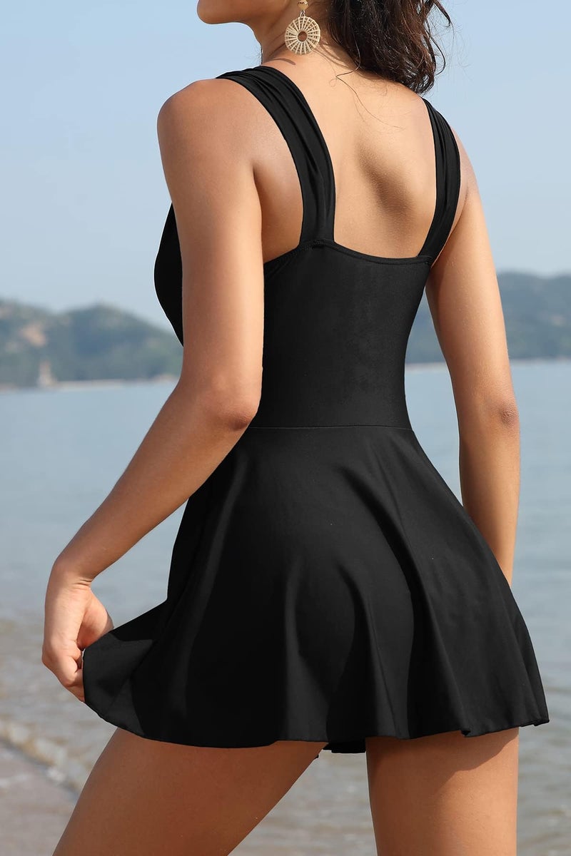 SHEKINI Womens Elegant One Piece Swimdress Tummy Control Crossover Skirted Swimsuit (Black, X-Large) - Image 2