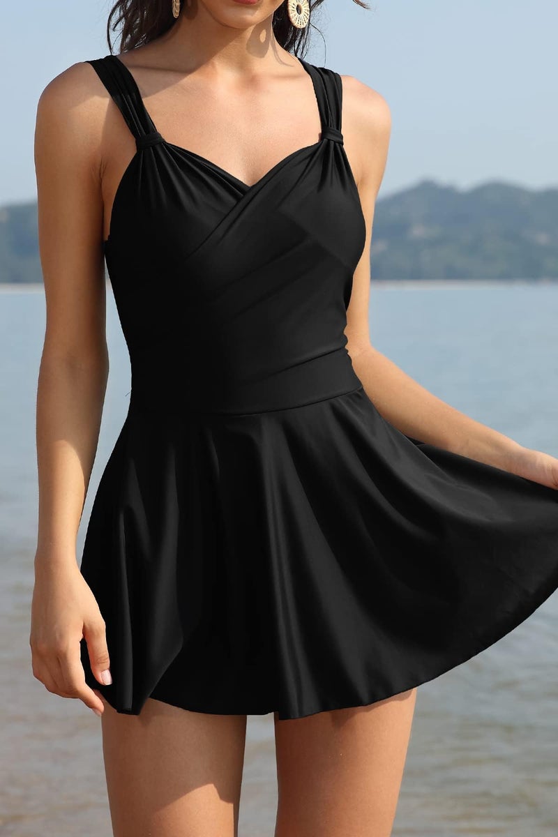 SHEKINI Womens Elegant One Piece Swimdress Tummy Control Crossover Skirted Swimsuit (Black, X-Large) - Image 4