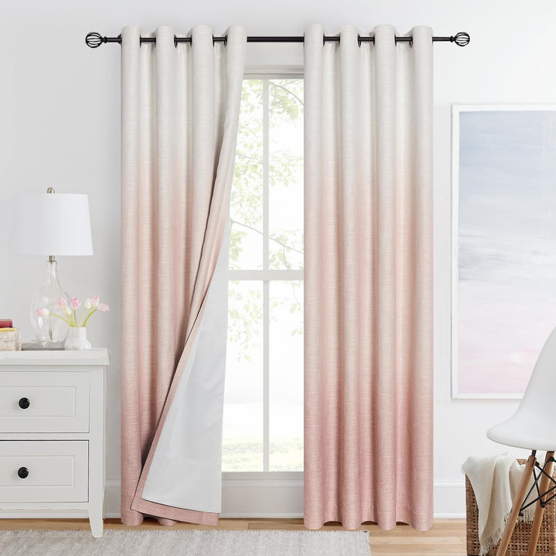 Central Park Ombre Full Blackout Window Curtain Panels Thermal Insulated Noise Reduction Rustic Farmhouse Bedroom Drapes Heavy Linen Texture Window Treatment Set Gradient Print Cream White to Pink, 50"x63"x2 - Image 1