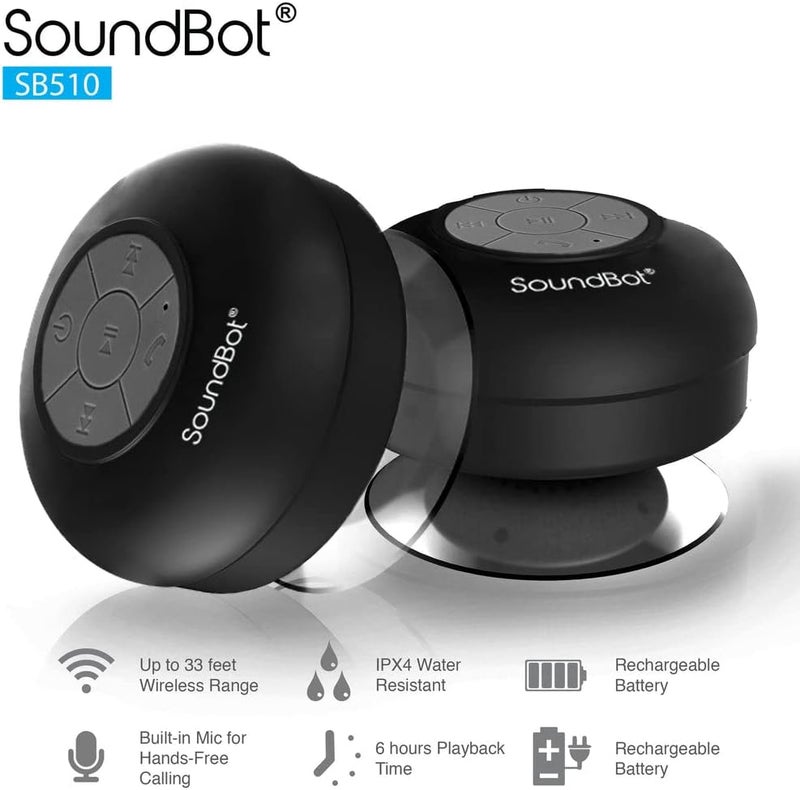 SoundBot ® مكبر صوت مقاوم للماء للاستحمام HD مقاوم للماء بلوتوث يدوي محمول مع أصوات واضحة وعالية 6+ ساعات من وقت التشغيل، كوب شفط لاسلكي صغير متين للسفر في الهواء الطلق المنزل SB510 (أسود) - Image 4