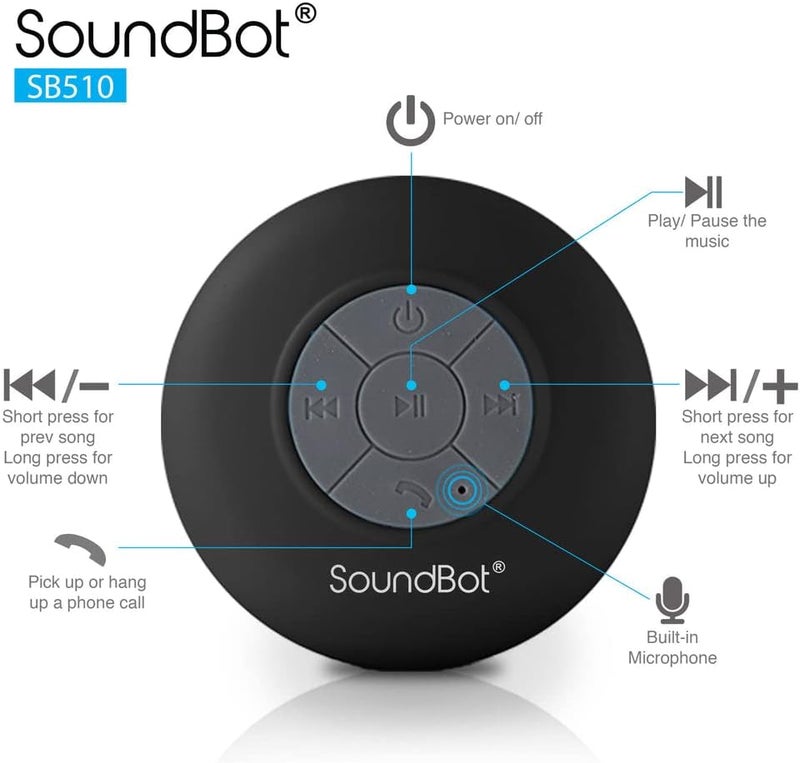 SoundBot ® مكبر صوت مقاوم للماء للاستحمام HD مقاوم للماء بلوتوث يدوي محمول مع أصوات واضحة وعالية 6+ ساعات من وقت التشغيل، كوب شفط لاسلكي صغير متين للسفر في الهواء الطلق المنزل SB510 (أسود) - Image 5