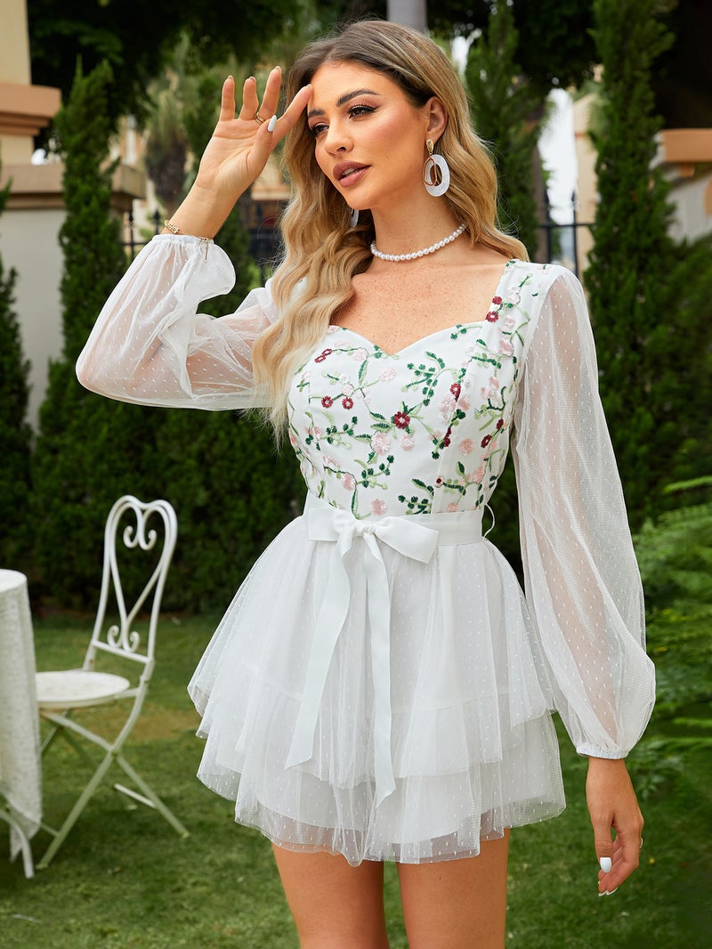 SIMPLEE Women V Neck Lantern Long Sleeve Floral Print Self Tie Waist Multi Layer Ruffle Mini Dress Elegant Casual Vacation Dress - Image 1