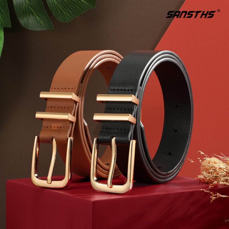 SANSTHS 2 Pack Women Belt for Jeans Pants, Simple Fashion Ladies Waist Belt with Gold Buckle, 1inch Width, Black+Brown M - Image 4