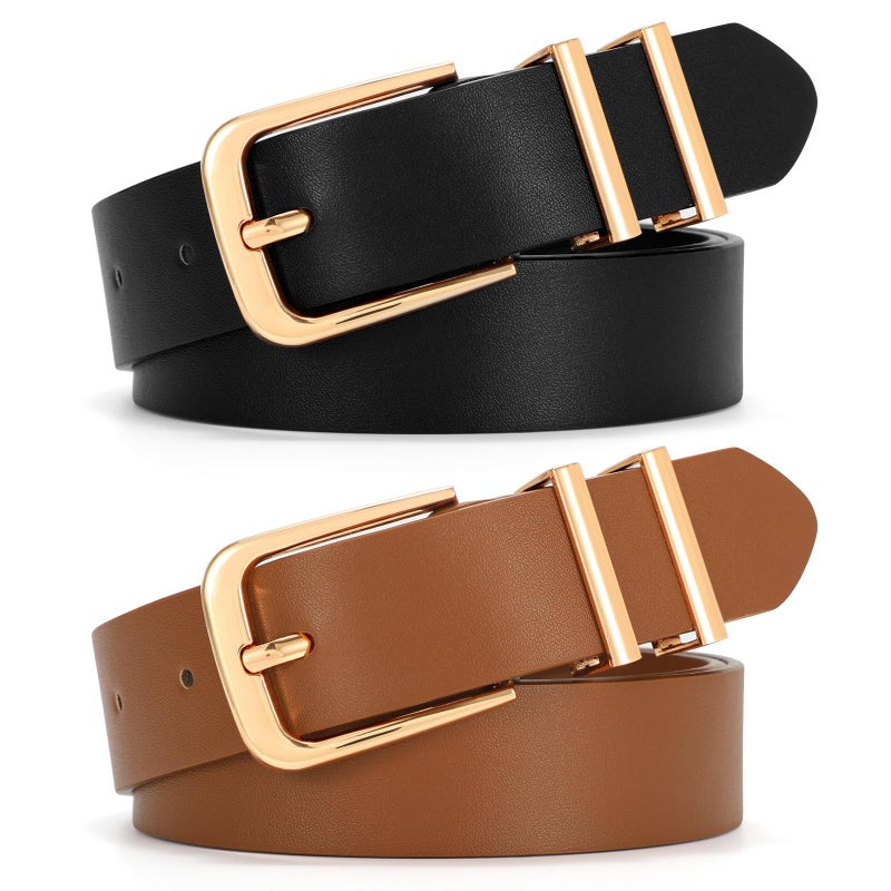SANSTHS 2 Pack Women Belt for Jeans Pants, Simple Fashion Ladies Waist Belt with Gold Buckle, 1inch Width, Black+Brown M - Image 1