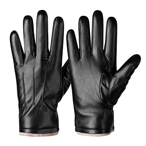 Alepo Winter PU Leather Gloves For Men, Warm Thermal Touchscreen Texting Typing Dress Driving Motorcycle Gloves With Wool Lining (Black-XL) - Image 1