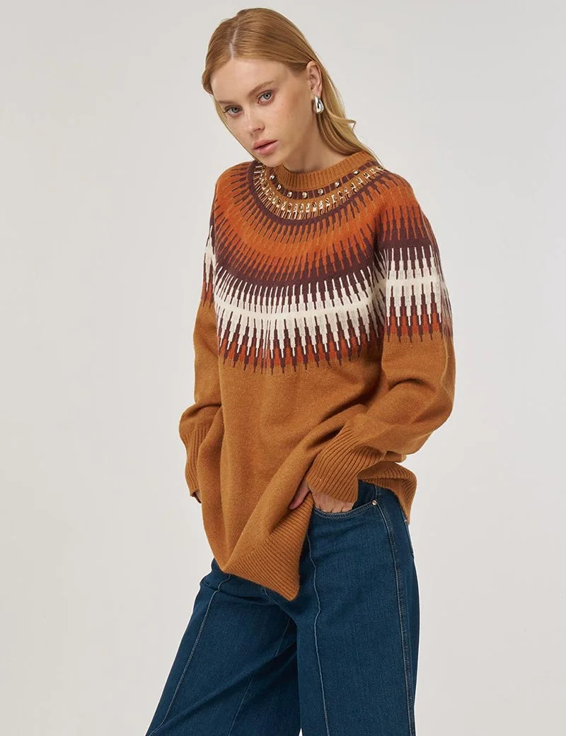 Kayra Stone Detailed Knit Tunic Cinnamon