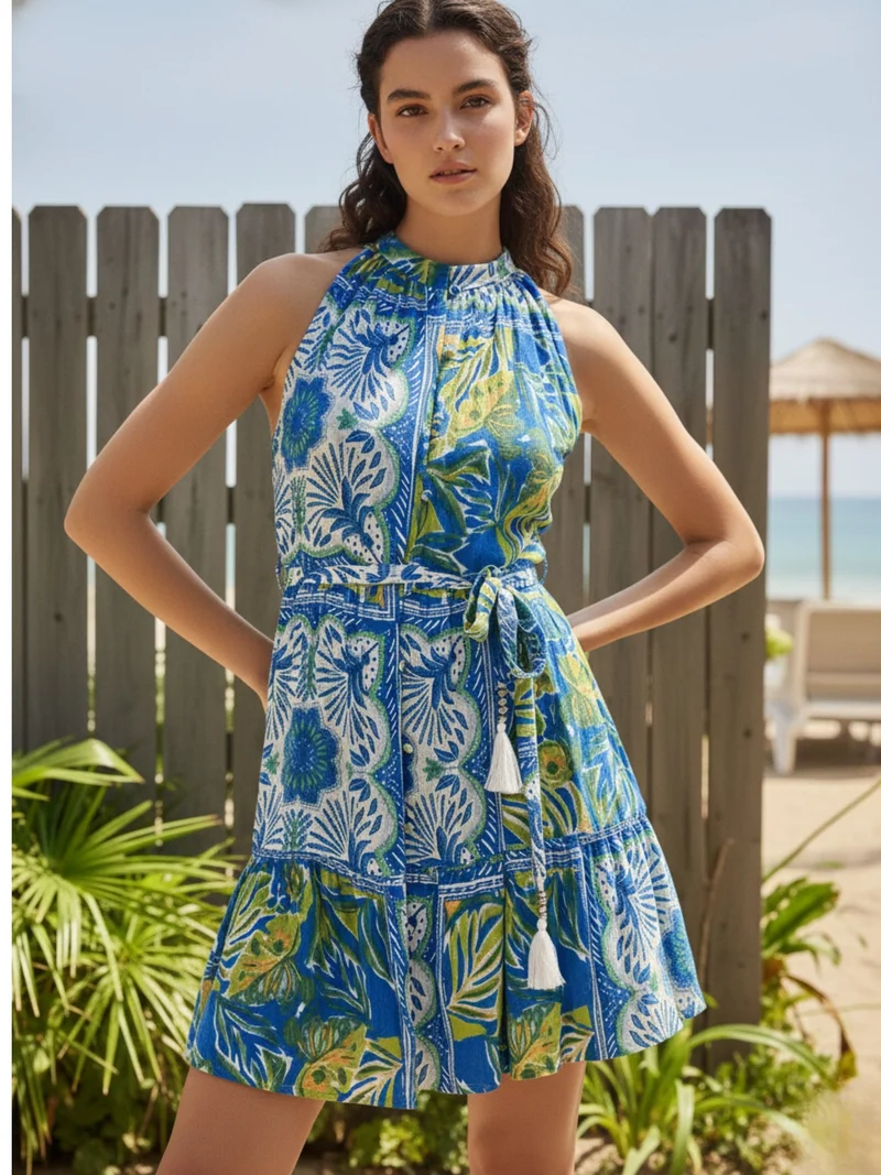 أوجيدر Blue Mini Printed Dress With Belt Detail