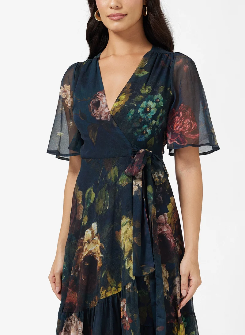 Hope & Ivy Flutter Sleeve  Tie Waist Detail Maxi Wrap Dress