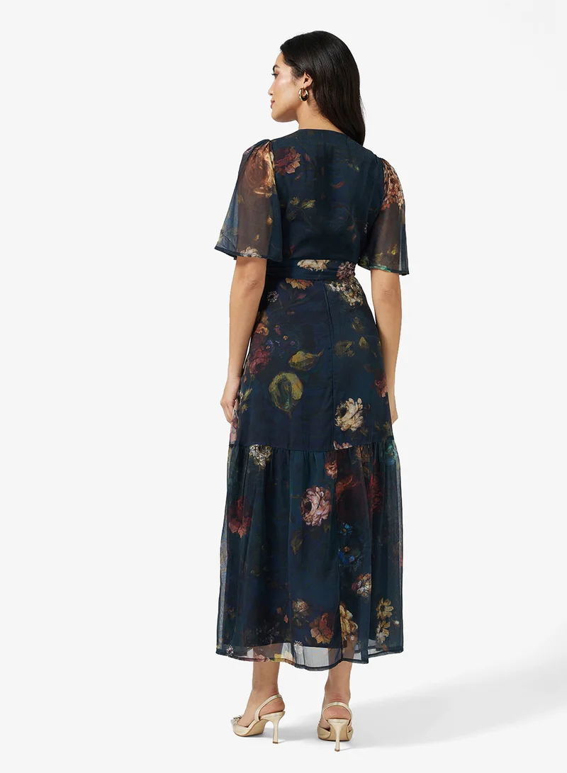 Hope & Ivy Flutter Sleeve  Tie Waist Detail Maxi Wrap Dress