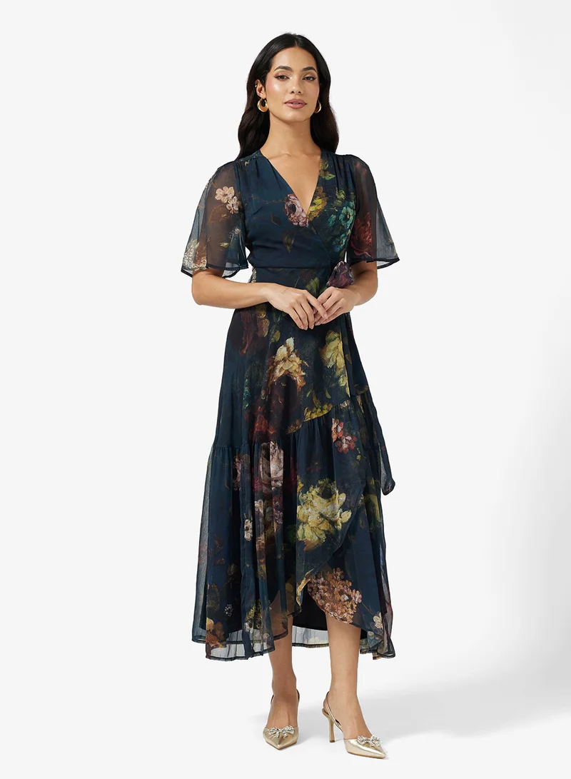 Hope & Ivy Flutter Sleeve  Tie Waist Detail Maxi Wrap Dress