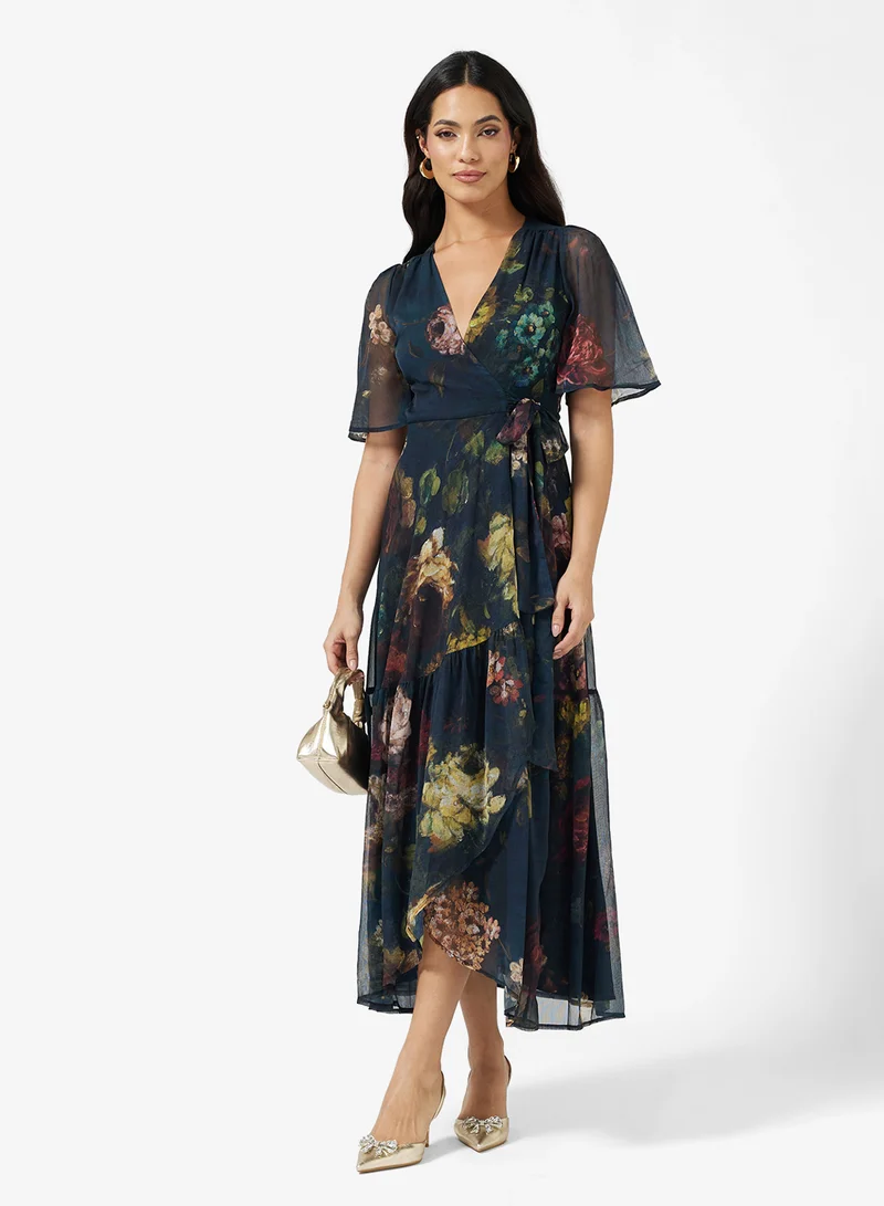 Hope & Ivy Flutter Sleeve  Tie Waist Detail Maxi Wrap Dress