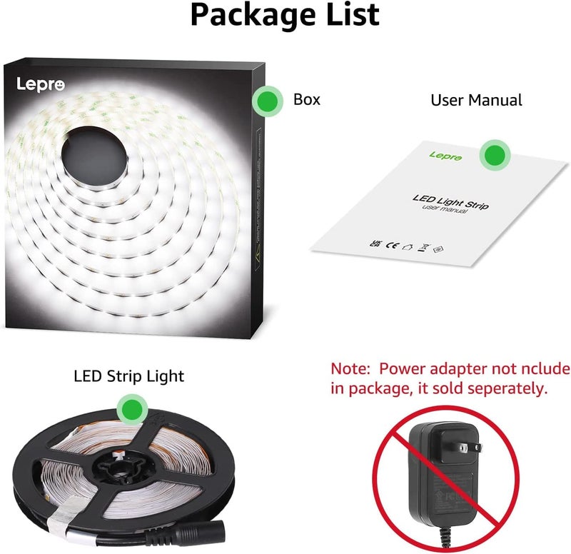 Lepro شريط إضاءة LED ليبرو 12 فولت، مرن، SMD 2835، 16.4 قدم، شريط إضاءة للمنزل، المطبخ، الحفلات، عيد الميلاد والمزيد، غير مقاوم للماء، أبيض نهاري (لا يتضمن محول الطاقة) - Image 5
