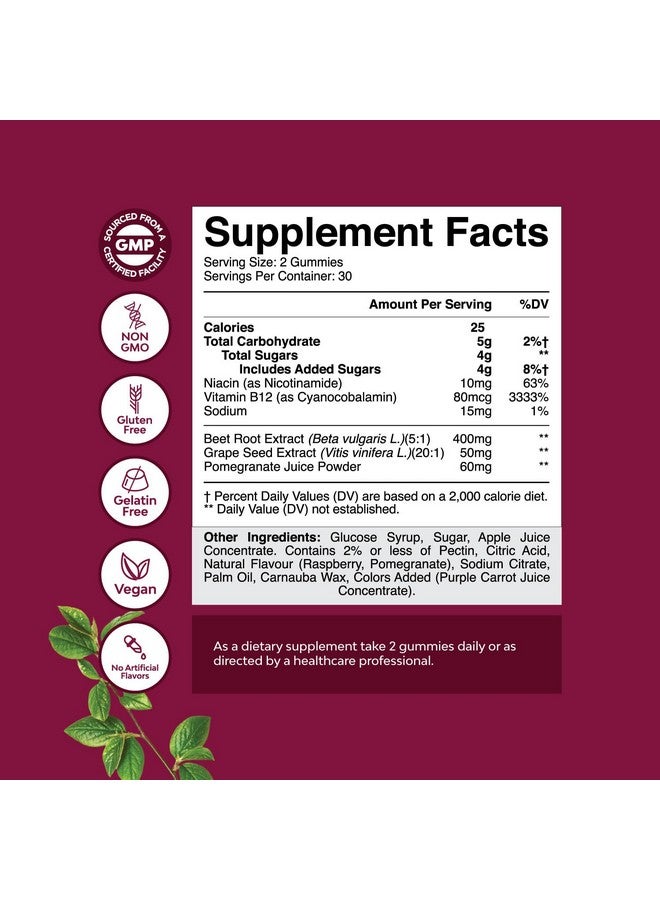 Natures Craft Flow Boosting Beet Root Gummies - Invigorating Beet Gummies for Adults Nitric Oxide Energy & Heart Health Support with Grapeseed Pomegranate & Vitamin B12 - Vegan Non-GMO & Gluten Free (1 Month) - Image 2