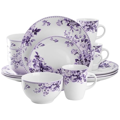 Elama Traditional Rose 16 Piece Stone Dinnerwar/Tableware Set, Service for 4 (Purple) - Image 1