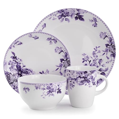 Elama Traditional Rose 16 Piece Stone Dinnerwar/Tableware Set, Service for 4 (Purple) - Image 2