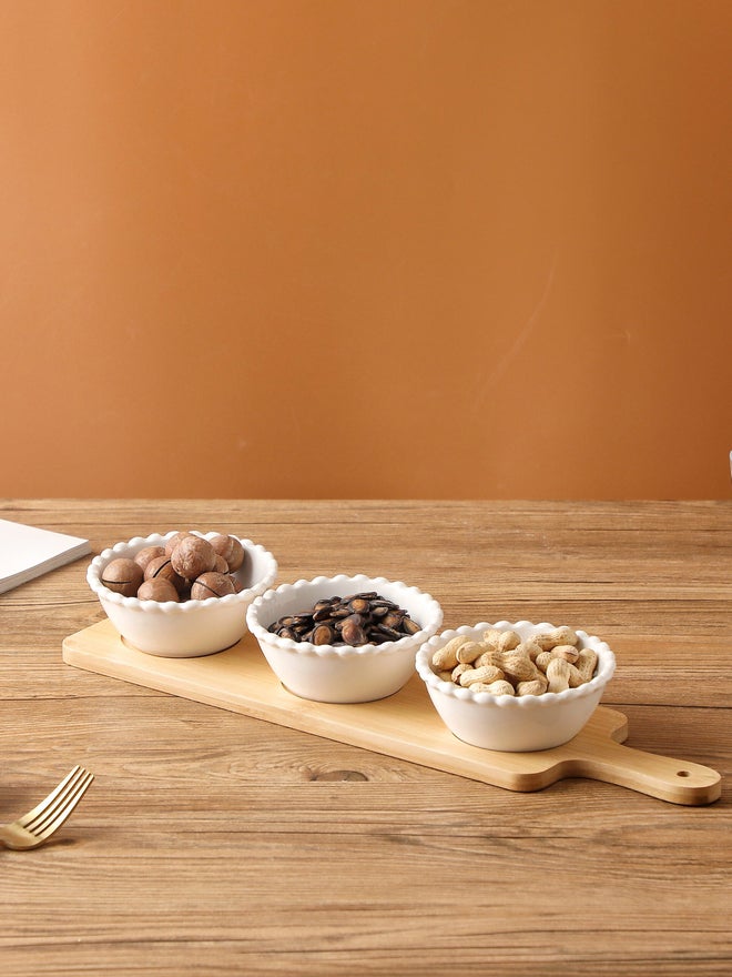 Shallow 3-Piece Round Porcelain Bowl Set with Bamboo Stand, 13cm - Image 4