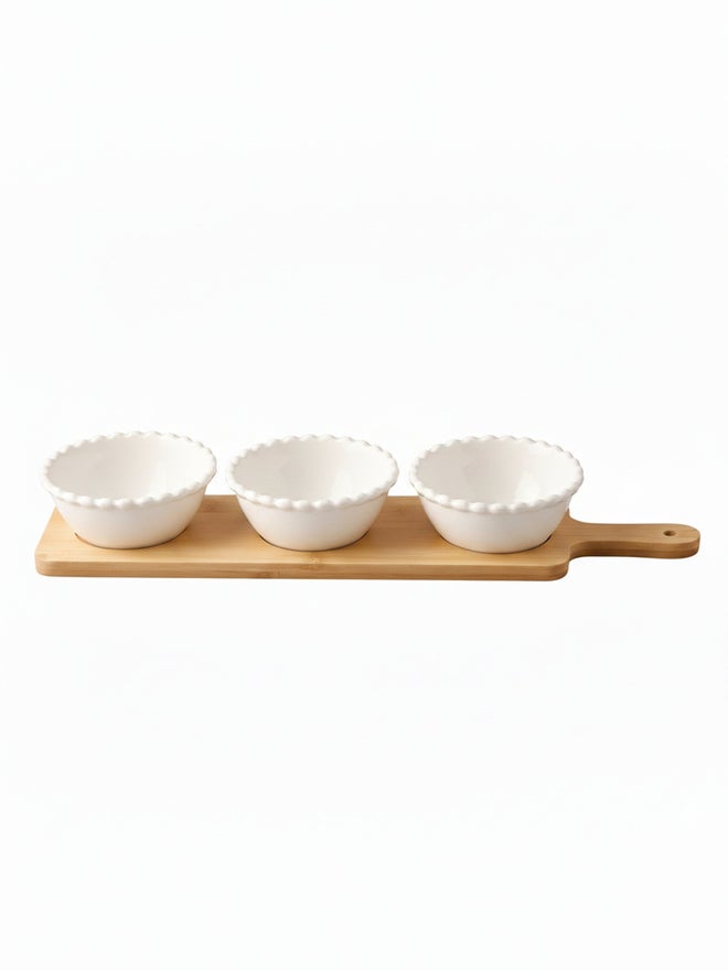 Shallow 3-Piece Round Porcelain Bowl Set with Bamboo Stand, 13cm - Image 2