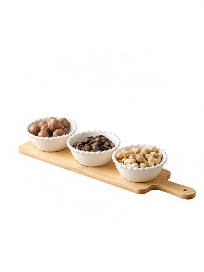 Shallow 3-Piece Round Porcelain Bowl Set with Bamboo Stand, 13cm - Image 1