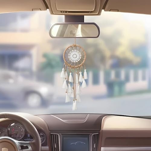 Artilady Small Dream Catcher for Cars - Bohemian Mini Dream Catchers for Cars Rear View Mirror Hanging Decoration (White) - Image 2