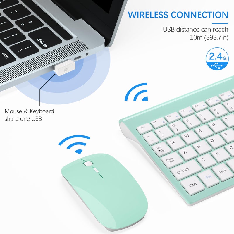 TopMate Wireless Keyboard and Mouse Ultra Slim Combo, TopMate 2.4G Silent Compact USB 2400DPI Mouse and Scissor Switch Keyboard Set with Cover, Batteries Included, for PC/Laptop/Windows/Mac - Mint Green - Image 3