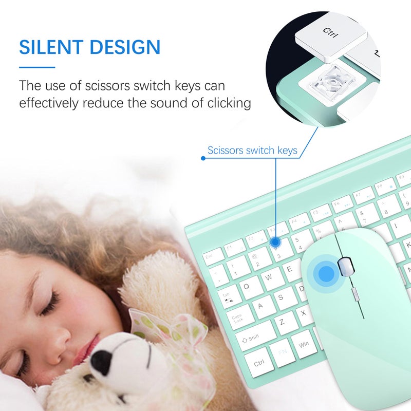 TopMate Wireless Keyboard and Mouse Ultra Slim Combo, TopMate 2.4G Silent Compact USB 2400DPI Mouse and Scissor Switch Keyboard Set with Cover, Batteries Included, for PC/Laptop/Windows/Mac - Mint Green - Image 2