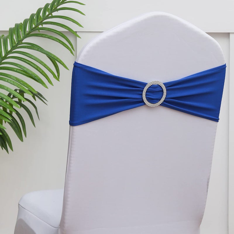 Gankar Royal Blue Spandex Chair Sashes 100 Pack Royal Blue Chair Bows for Wedding Party Banquet Theme Event Decorations
