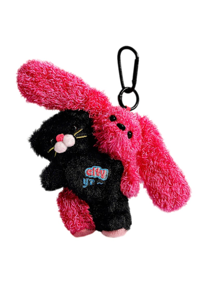 Cute One-Piece Rabbit Bag Pendant Plush Doll Keychain Niche High-End School Bag Pendant Doll Gift (Black Cat + Rose Red Rabbit) - Image 1