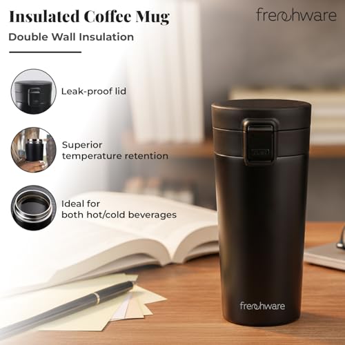 Frenchware Insulated Coffee Mug, 300ml, Double Wall Stainless Steel Travel Mug, Hot & Cold Flask with Leak Proof Lid, Push-Button Operation, BPA-Free, Travel-Friendly Tumbler for Home & Office, Black - Image 2