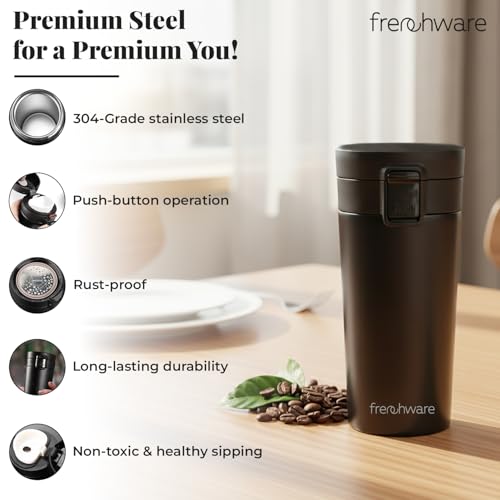 Frenchware Insulated Coffee Mug, 300ml, Double Wall Stainless Steel Travel Mug, Hot & Cold Flask with Leak Proof Lid, Push-Button Operation, BPA-Free, Travel-Friendly Tumbler for Home & Office, Black - Image 3