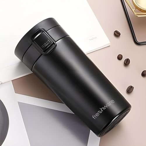 Frenchware Insulated Coffee Mug, 300ml, Double Wall Stainless Steel Travel Mug, Hot & Cold Flask with Leak Proof Lid, Push-Button Operation, BPA-Free, Travel-Friendly Tumbler for Home & Office, Black - Image 1