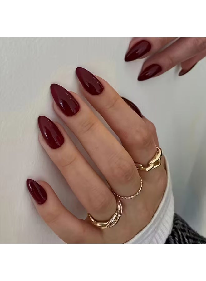 LANGMANNI 24Pcs Burgundy Red Press On Nails, Long Stiletto Fake Nails, Detachable Reusable Wearable False Nails for Women - Image 1