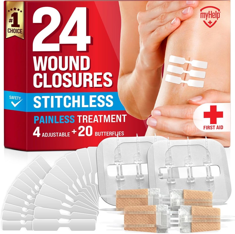 MYHELP Emergency Wound Closure Strips 24pk 3 Types Easy to Use Butterfly Bandages Stitchless Painless Laceration Closure Kit - Image 1