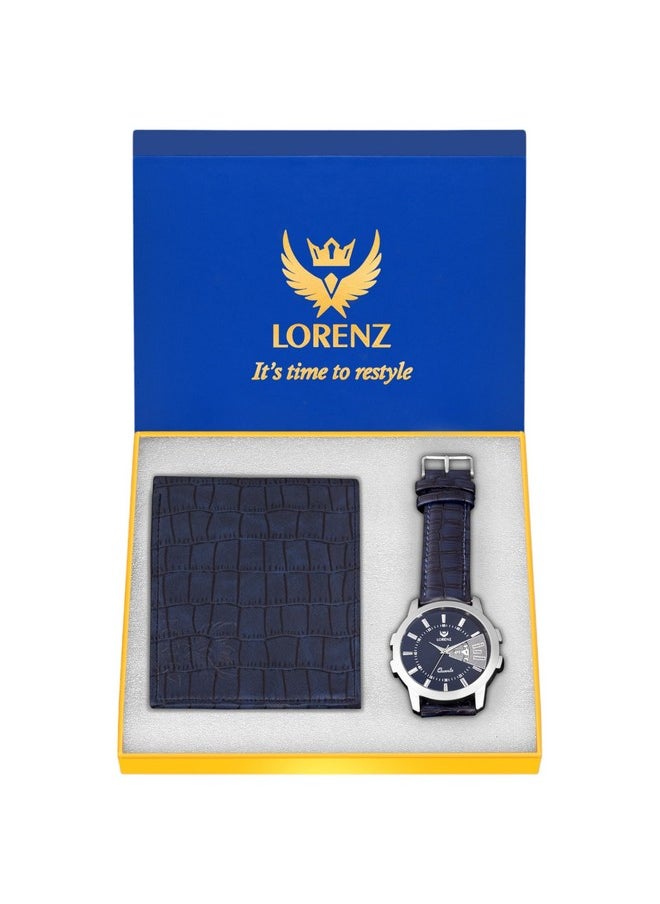 Lorenz LORENZ Leather Men's Combo Of Blue Dial Day And Date Analog Watch And Blue Wallet - Cm-203Wl-06  - Image 1