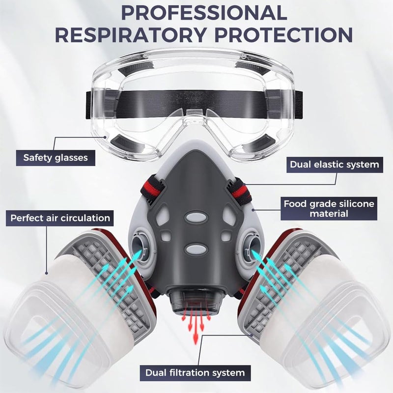 Serplex قناع تنفس مع فلاتر، قناع وجه نصف قابل لإعادة الاستخدام مع نظارات أمان، مجموعة قناع غاز للتلوين والرذاذ والصنفرة واللحام والأعمال الخشبية وراتنج الإيبوكسي وحماية أخرى - Image 2