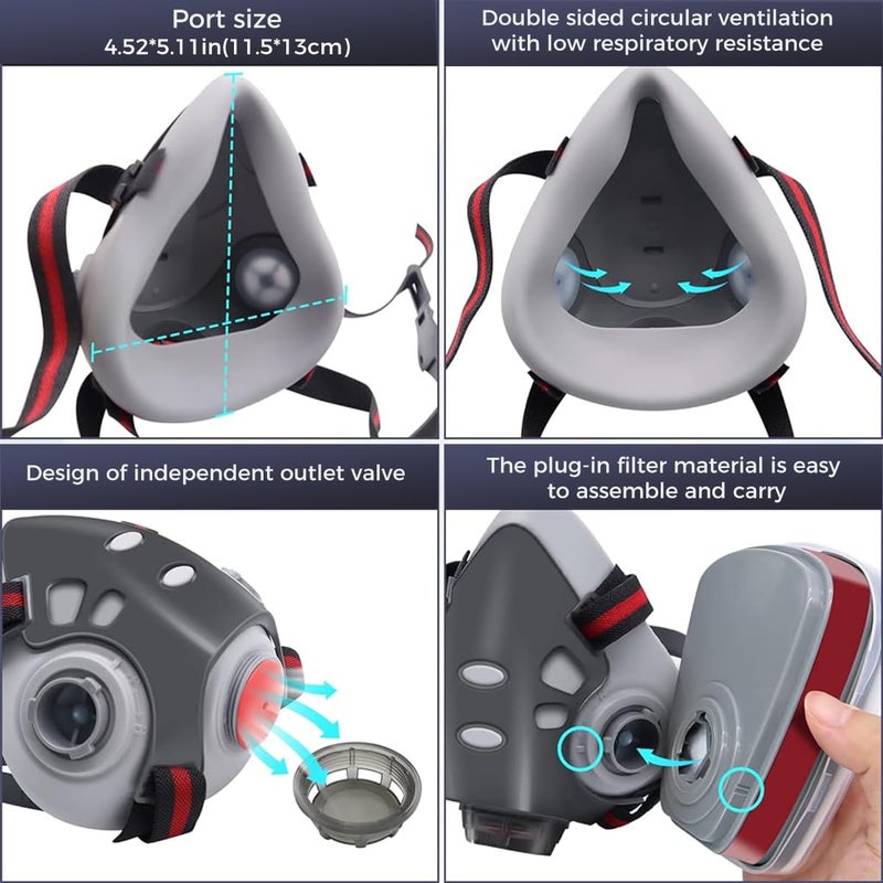 Serplex قناع تنفس مع فلاتر، قناع وجه نصف قابل لإعادة الاستخدام مع نظارات أمان، مجموعة قناع غاز للتلوين والرذاذ والصنفرة واللحام والأعمال الخشبية وراتنج الإيبوكسي وحماية أخرى - Image 4