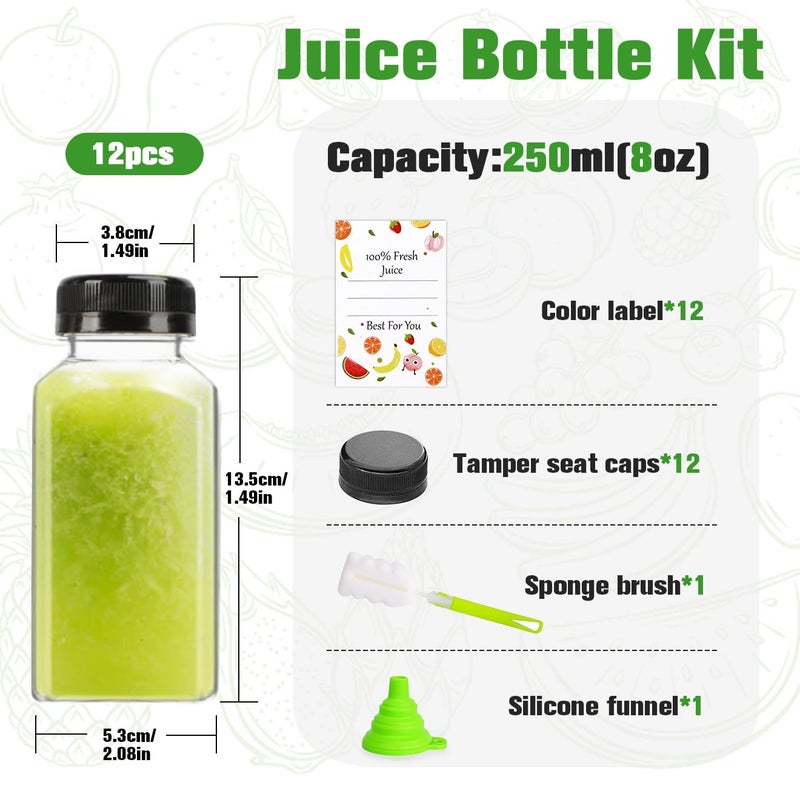 ztarraum 12pcs 8oz Plastic Juice Bottles, Reusable Juice Containers with Black Tamper Proof Lids, Brush, Funnel and Labels, Clear Water Bottles for Juicing, Smoothie and Homemade Beverages - Image 3