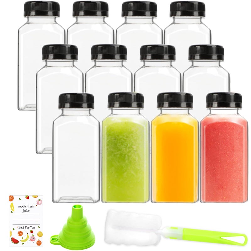 ztarraum 12pcs 8oz Plastic Juice Bottles, Reusable Juice Containers with Black Tamper Proof Lids, Brush, Funnel and Labels, Clear Water Bottles for Juicing, Smoothie and Homemade Beverages - Image 1