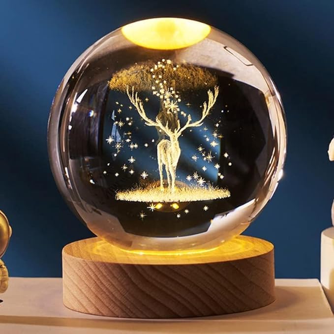 CPENSUS Deer 3D Crystal Ball LED Night Light with USB Wooden Base, Perfect for Home Office Décor and Unique Birthday Gift for Adults Multicolor - Image 5