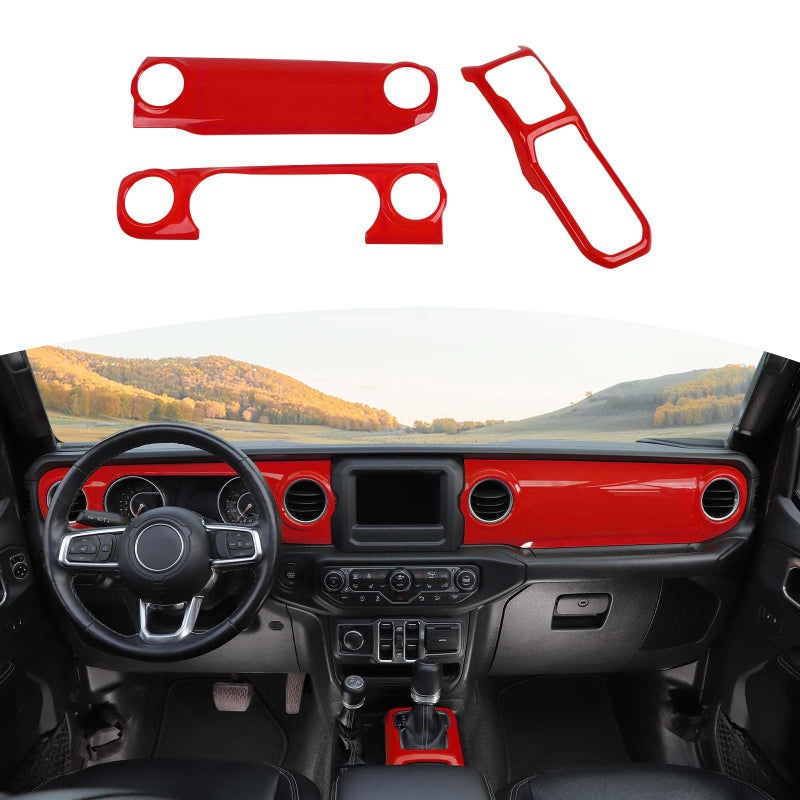 RTTCZ for Wrangler JL Dash Trim Cover Red Gear Shift Panel Trim Frame for Jeep Wrangler JL JLU Gladiator JT 20182023 Red Interior Accessories 3pcs