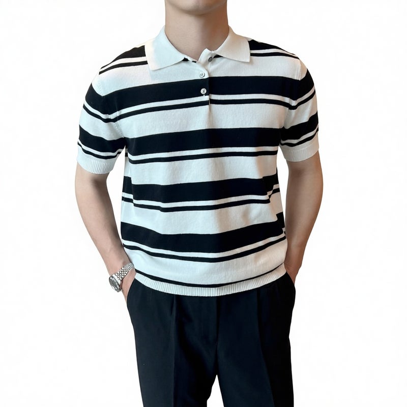 Men's Casual Knit Polo Shirt Short Sleeve Retro Striped Turn-Down Collar Breathable T-Shirt