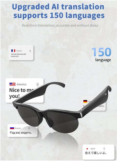 AI Translation Smart Bluetooth Glasses, Real-Time Multi-Language Translator Glasses, Supports 150+ Languages with Accurate and Delay-Free Translation, Ideal for Daily Life & Work, Bluetooth 5.4, Wireless Range 10-15m, 80mAh Battery, 4H Call Time, 120 Days Standby, Fast Charging (0.8H)