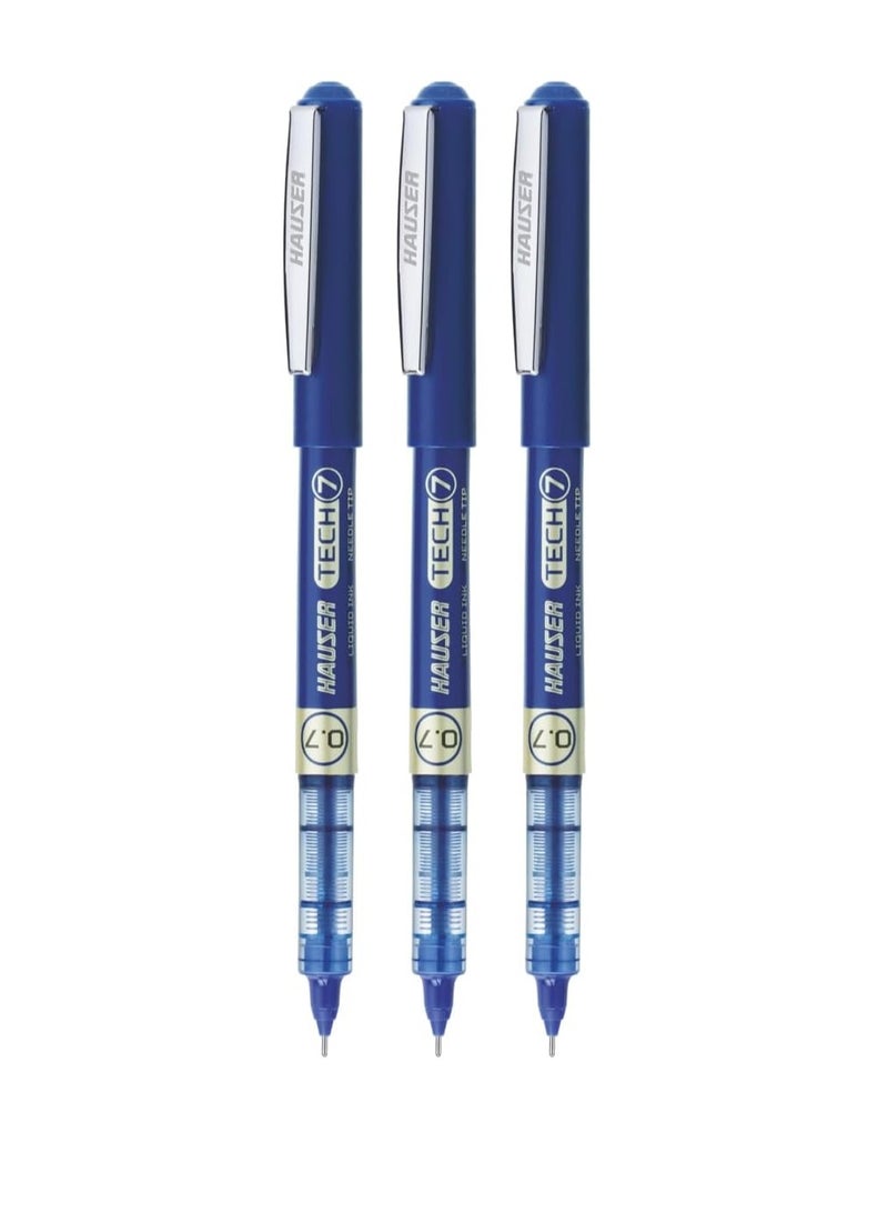Hauser Tech 7 0.7mm Gel Pen Box Pack | Liquid Ink With German Technology | Comfortable Grip With Smudge Free Writing | Sturdy, Refillable Pen | Blue Ink, Pack Of 3 - Image 1