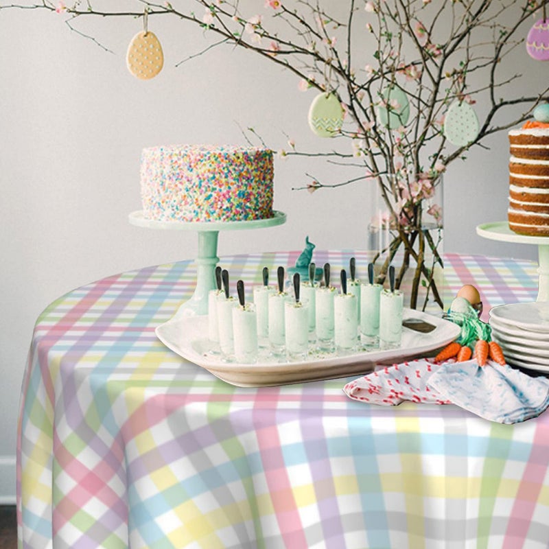 SuQKXCo Easter Tablecloth Round 60 inch Colorful Checkered Rainbow Plaid Tablecloth Spring Summer Watercolor Buffalo Check Plaid Table Cloths Table Covers for Kitchen Party Dinner Tabletop Decoration - Image 3