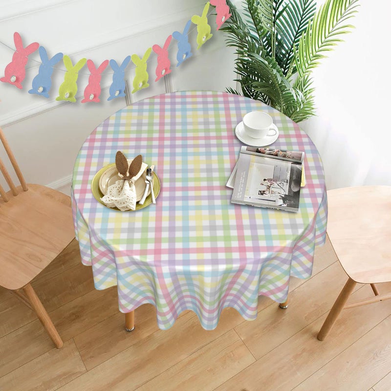 SuQKXCo Easter Tablecloth Round 60 inch Colorful Checkered Rainbow Plaid Tablecloth Spring Summer Watercolor Buffalo Check Plaid Table Cloths Table Covers for Kitchen Party Dinner Tabletop Decoration - Image 4