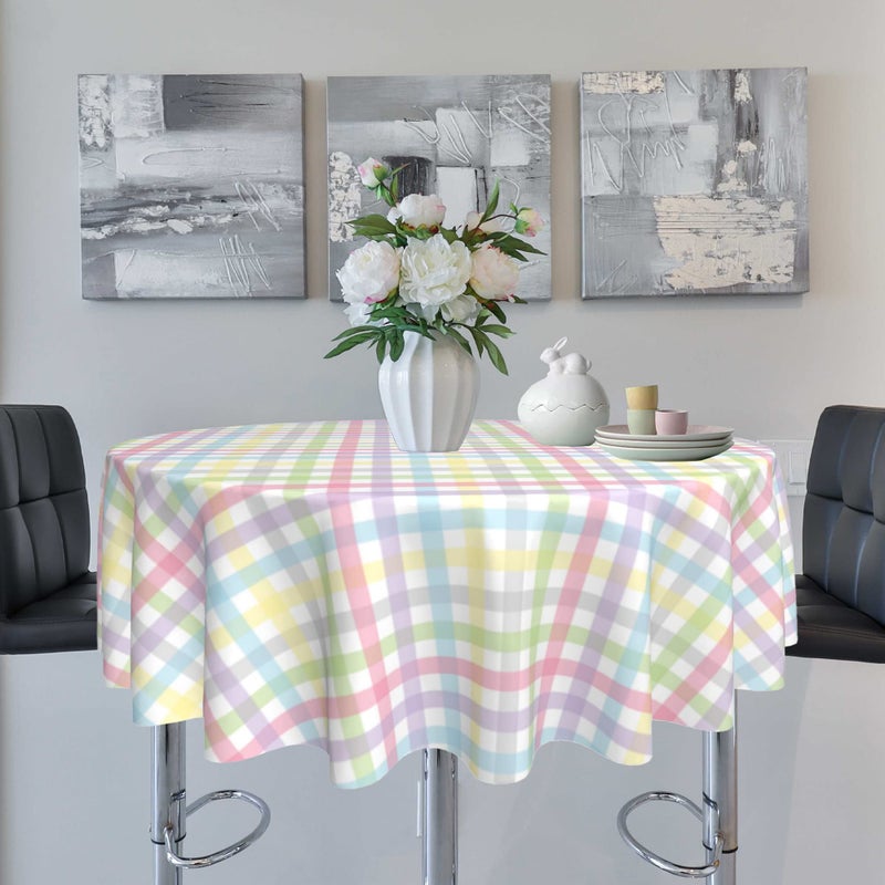 SuQKXCo Easter Tablecloth Round 60 inch Colorful Checkered Rainbow Plaid Tablecloth Spring Summer Watercolor Buffalo Check Plaid Table Cloths Table Covers for Kitchen Party Dinner Tabletop Decoration - Image 2