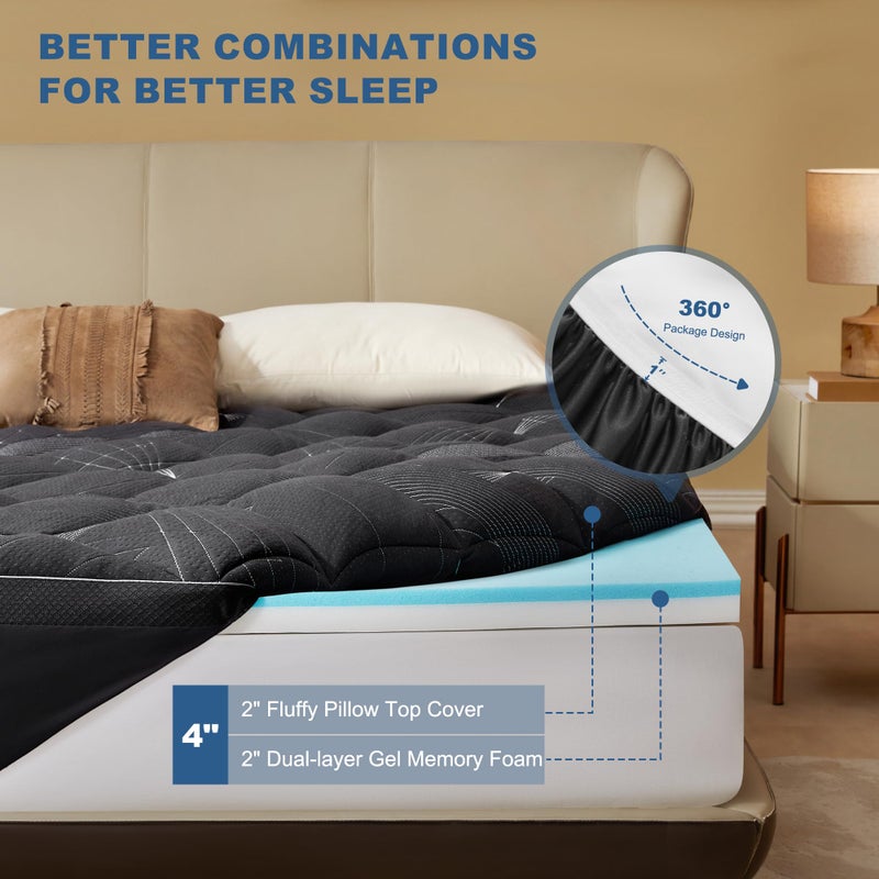 Bedlore 4-Inch King Mattress Topper for Back Pain - Dual Layer Medium Support (2" Gel Memory Foam + 2" Cooling Fluffy Pillow Top Pad), Breathable & Pressure Relief (Gray) - Image 5
