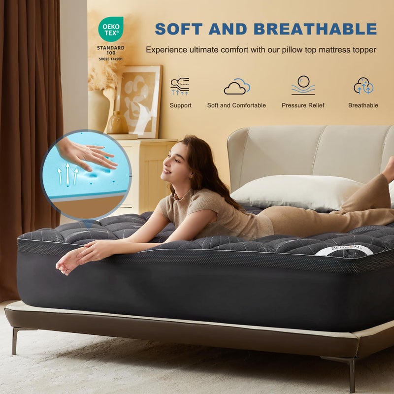 Bedlore 4-Inch King Mattress Topper for Back Pain - Dual Layer Medium Support (2" Gel Memory Foam + 2" Cooling Fluffy Pillow Top Pad), Breathable & Pressure Relief (Gray) - Image 3