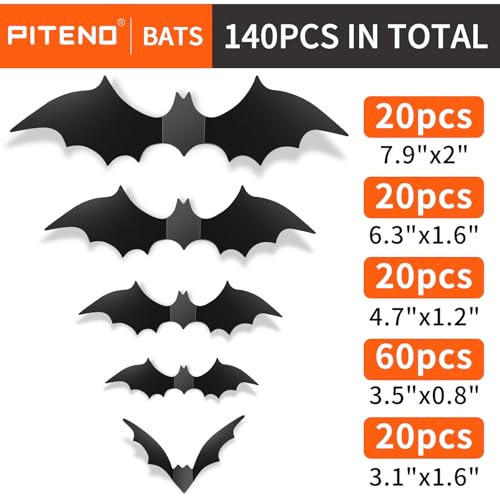 Piteno® 140Pcs Bats Halloween Decorations Party Supplies, Realistic PVC 3D Black Scary Bat Stickers for Creepy Home Decor Halloween Party Decorations DIY Wall Window Decal Bathroom Indoor - Image 2