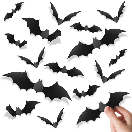 Piteno® 140Pcs Bats Halloween Decorations Party Supplies, Realistic PVC 3D Black Scary Bat Stickers for Creepy Home Decor Halloween Party Decorations DIY Wall Window Decal Bathroom Indoor - Image 1