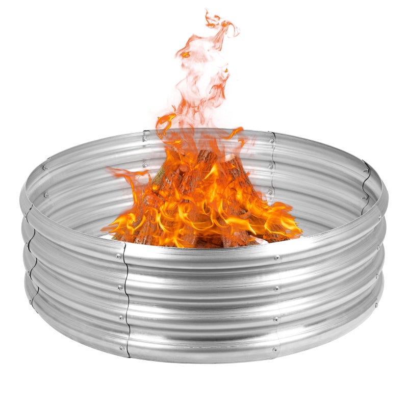 OUSHENG Galvanized Fire Pit Ring for Outside Wood Burning, Metal Firepit Liner for Above Ground Outdoor Camping Beach Backyard Park - Image 1